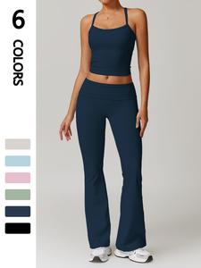 women's plain crop cami top & flared yoga pants sports set, athletic tracksuit, sporty casual outfits for yoga running, activewear, ladies sportswear, gym sets for women, workout sets, women workout clothes, workout sets women, athleisure wear