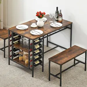 3-Piece Rectangular Dining Table Set for 4 with Wine Rack Storage Shelf and 2 Benches Kitchen Table Set for Small Spaces Apartments Home Rustic Brown Living Room Furniture Wood Set