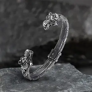 GTHIC Vintage Wolf Torc Stainless Steel Viking Bracelet for Men Statement Jewelry Daily Wear Birthday Gifts