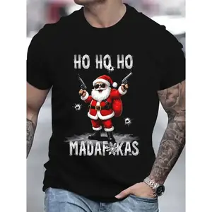 Men's 3D Printed Santa Claus Guns & "HO HO MADAFAKAS" Graphic T-Shirt - Edgy Christmas Humor, Black Casual Short Sleeve Round Neck Summer Top, Machine Washable Bold Statement Tee for Parties & Casual Attire