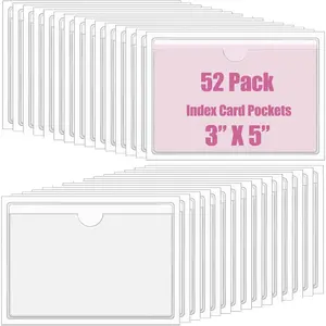 52 Pack Adhesive Pockets 3x5 Inch Labels for Storage Bins Clear Plastic Index Card Holder, Label Holder with Top Open for Loading Tote Labels for Organizing Bins Box Drawer