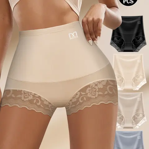 QUASTI 4-Piece Ice Silk High Waist Briefs, Print Lace Edge Ultra-Comfort Elastic Briefs for Women, Silky Touch Sexy Briefs, XS-XXL Floral