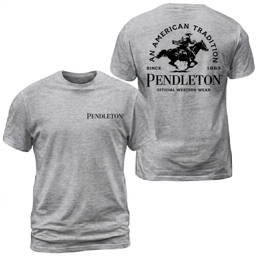 Pendleton American Tradition T-Shirt, Official Western Wear Graphic Tee With Cowboy Horse Rider Back Print, Front Chest Pendleton Logo Shirt, Ranch Rodeo Apparel Gift for Men and Women