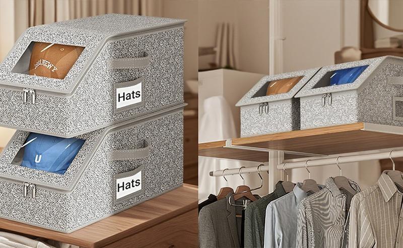Stackable Baseball Cap Storage Box, Gray Hat Organizer With Transparent Window | Holds Up To 12 Hats | Reinforced Cardboard Material, Suitable For Men's And Women's Closets,Durable Cardboard Box for Men,Classic Style