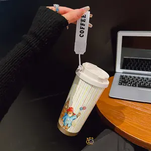 Coffee mug ~ 530 ml / 17.92 oz insulated mug，Paddington Bear with Balloons & Big Ben Watercolor Pattern PrintDouble-walled, leak-proof, travel mug with handle; perfect for coffee lovers, art enthusiasts, sports enthusiasts, and those seeking a gift.