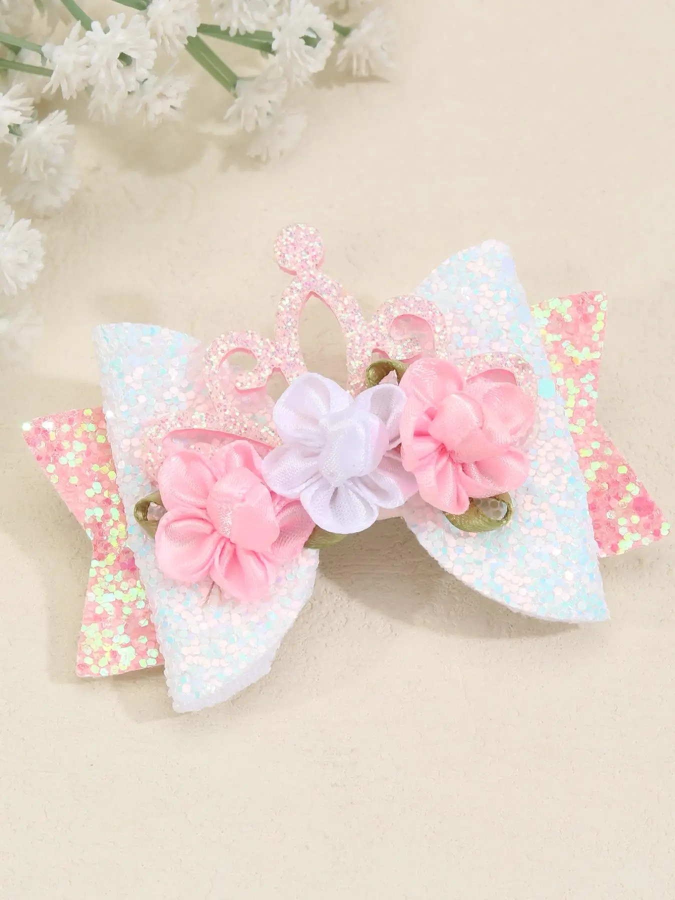 Cute Glitter Contrast Sequin Tiered Layered Bow Decor Hair Clip, Medium Size French Clip, Fashionable Flower Design Hair Accessories For Girls