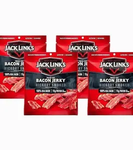 Jack Link's Bacon Jerky, Hickory Smoked - Flavorful Ready to Eat Meat Snack with 11g of Protein per Serving, Made with 100% Thick Cut Real Bacon, Protein Snack, Keto Friendly, 2.5 oz. (Pack of 4)