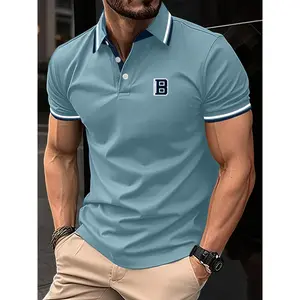 Men'S Summer Short-Sleeve Polo Shirt with a Stylish Color-Blocked Striped Collar for Casual Wear