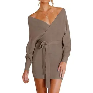 ZESICA 2025 Women’s Backless Sweater Dress – Long Batwing Sleeve V-Neck Wrap Knit, Sexy Cozy Fall Look, Halloween Party & Date Night Outfit