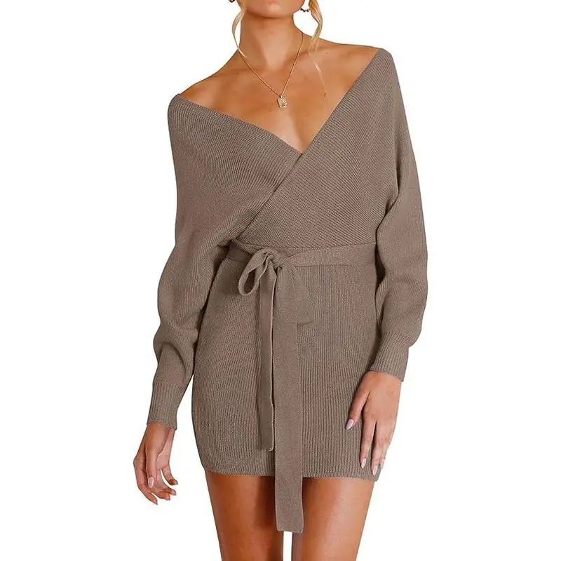 ZESICA 2026 Women’s Minimalist Casual Backless Batwing Sleeve V-Neck Wrap Knit Sweater Dress, Ready-to-Wear Sexy Cozy Fall Outfit for Halloween Party, Date Night
