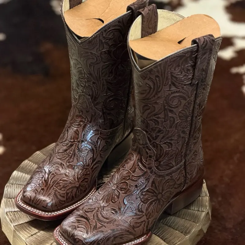 Women's Square Toe Hand-tooled Brown Western Boots - Genuine Leather Rodeo Style Made in Mexico