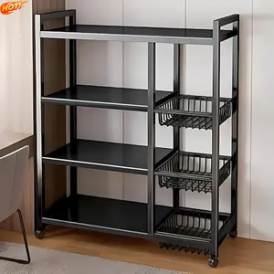 Adjustable 4-Shelf Kitchen Storage Rack with 3 Wire Baskets Movable Metal Shelving Unit with Wheels Garage Pantry Bathroom Closet Organizer