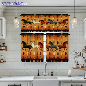 SoftHaven Home Made in USA 3Pcs Tribal Horse Pattern Kitchen Curtain Set, vibrant running horse blended with unique ethnic elements. 2D flat polyester curtains create warm ambient decor, perfect for kitchen and indoor room decoration.