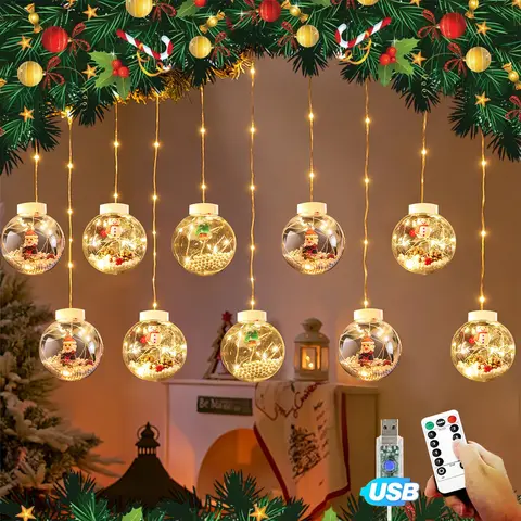 118-in Christmas Curtain Fairy Lights, Warm White, USB-Powered with Remote Control, 8 Modes, 5 Interchangeable Ornaments - Home & Apartment Holiday Decor for Festive Backdrops