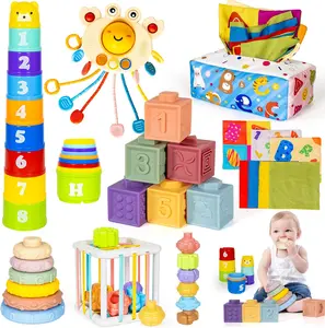 Mother Day Gift 6 in 1 Montessori Toys for Babies Newborn Stacking Block Soft Infant Ring Shape Learning Sensory Bin Pull String Teething Toy Tissue Box for Toddlers 18M+ 2 3 Year Old Boy Girl Gift