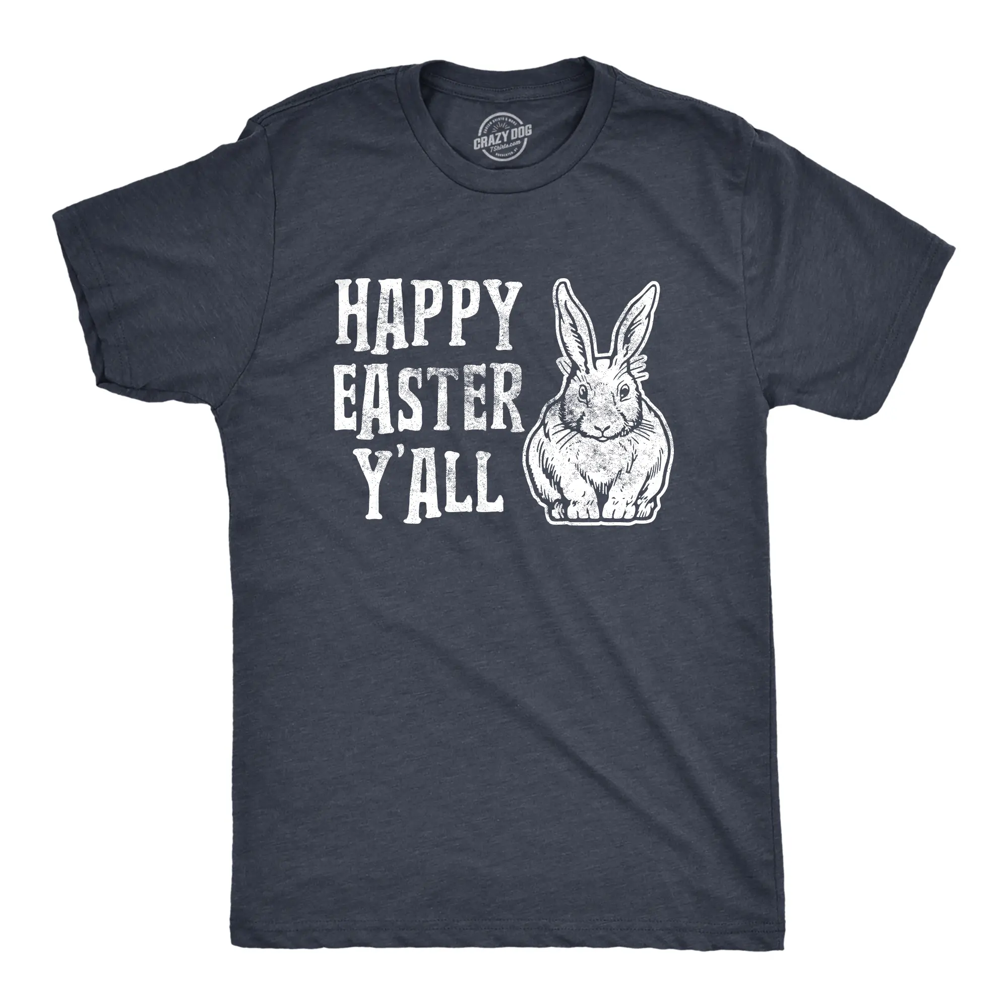 CRAZY DOG T-SHIRTS Men's Happy Easter Y'all Casual Soft Fluffy Animal T-Shirt - Funny Bunny Saying Egg Hunt Basket Gift for Him, Cool Vintage Classic Menswear Easter Apparel, Short Sleeve Novelty Navy Tops