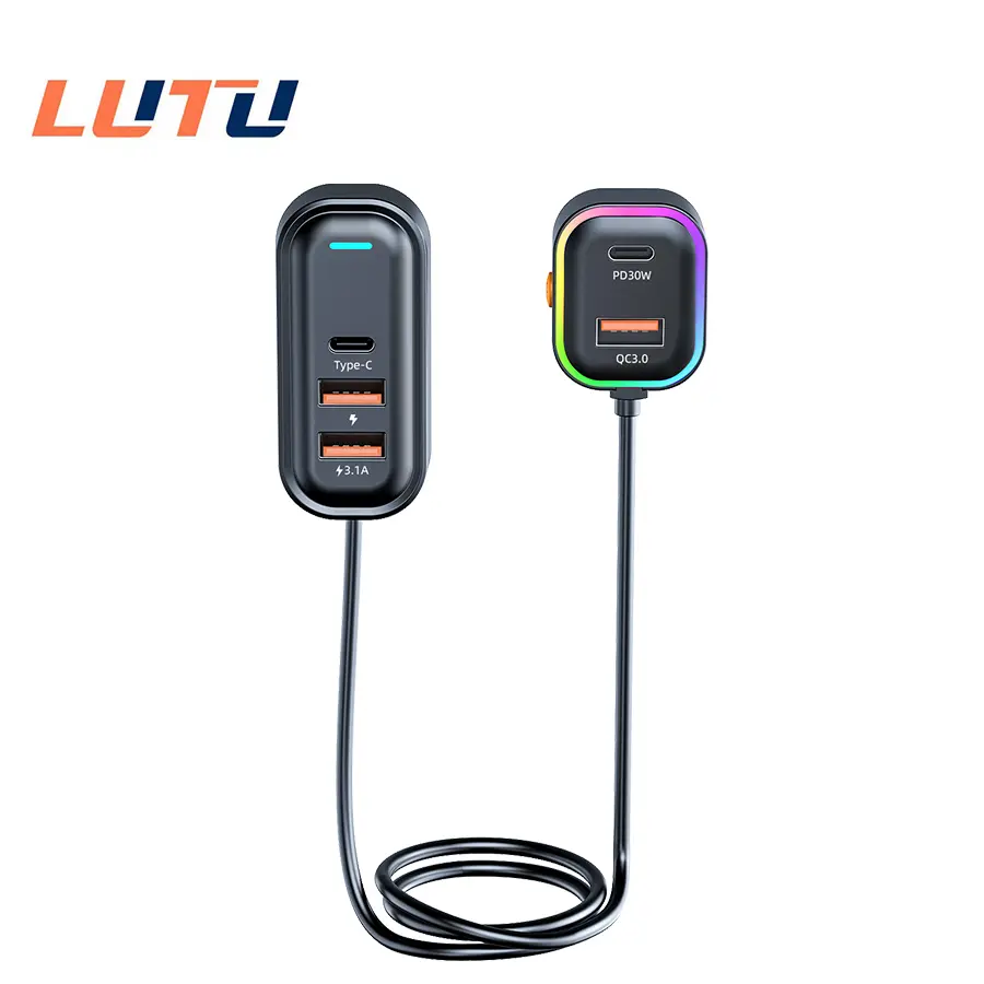 120W Super Fast Car Charger, 5-Port Front & Rear Simultaneous Charging, 1 Type-C, 2 USB, QC3.0, 1.5m Extension Cable, Anti-Slip Clamp