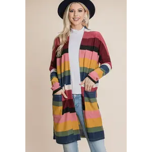 BOMBOM Color Block Striped Open Front Cardigan