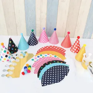 Children Birthday Party Polka Dot Velvet Ball Hat Crown Set, Baby First Year Photo Prop, Cute Toddler Costume Accessory