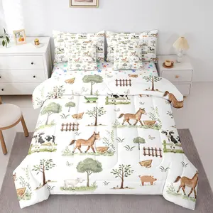 Feelyou 7-Pcs Farm Animals Bedding Set - Comforter, Cow Print Blanket, Cartoon Horse, Sheep, Pig Designs for Kids, Rustic Farmhouse Cabin Style