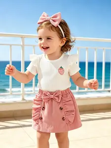 Strawberry Embroidery Girls Set, Ruffle Top + Bow Skirt + Hairband, 0-3 Years Summer, Cute Strawberry Top + Skirt + Hairband