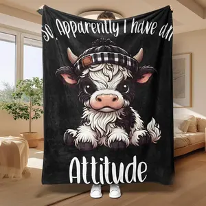 Cartoon Cow Pattern Soft Fleece Blanket, 1 Count Soft Air-conditioned Room Throw, Warm Nap Blanket For Home Office Travel Camping, Valentine's Day, Gift For Her, Slogan Print Blanket, Fluffy Blanket