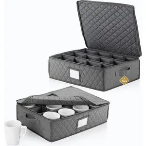 2 Pack Stackable China Cup Storage Chests, Holds 24 Coffee Cups or Mugs, Glassware Organizer with Customizable Dividers and Inner Case for Extra Protection, Gray