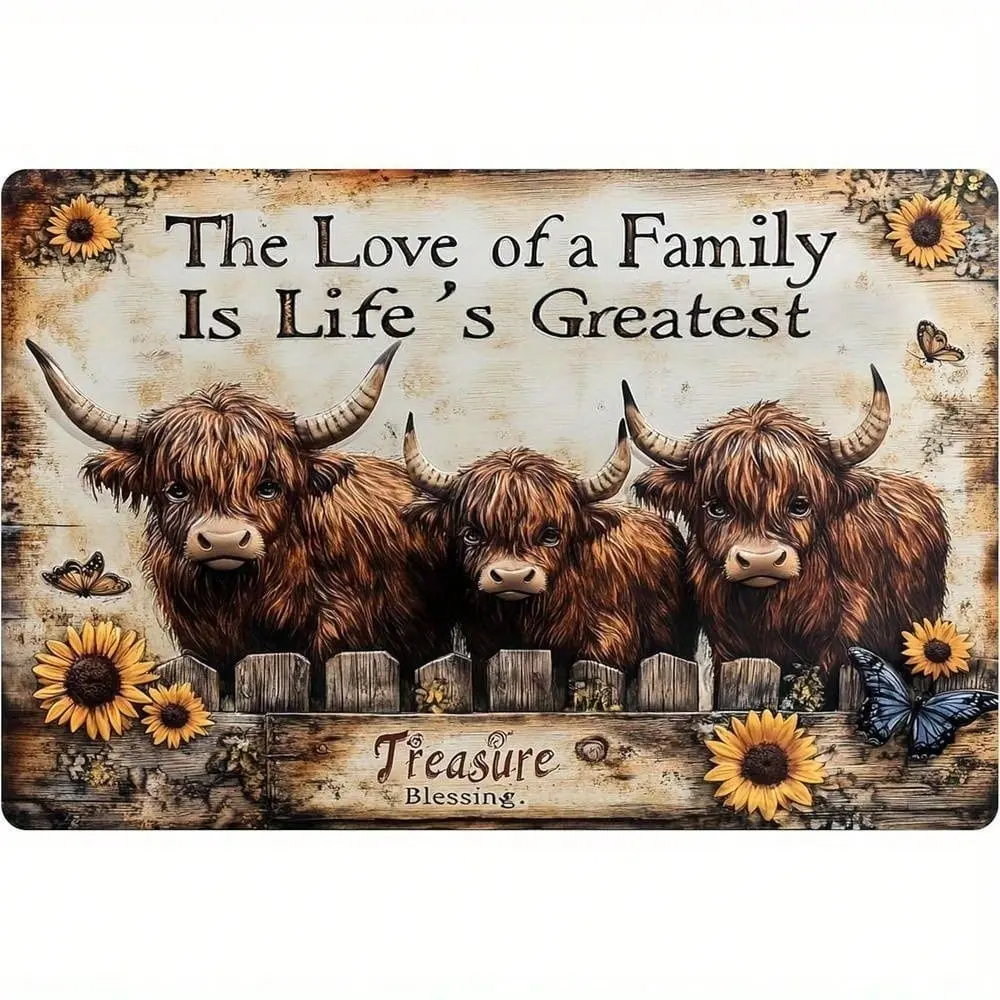 Aluminum Farmhouse Wall Art Highland Cow Family Rustic Kitchen Home Decor Vintage Aluminum Sign 8x12 Inch