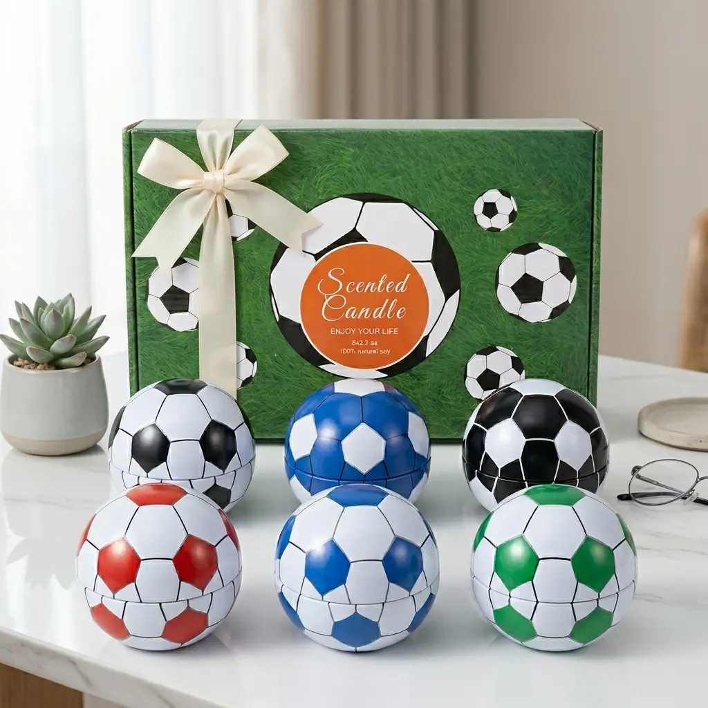 6-Pack Soccer Ball Aroma Tin Candles Gift Set with Box - Smokeless Soy Wax Aromatherapy Candles, Cozy Wicks, Compact Collectible Accent Home Decor for Soccer Fans, Father's Day/Thanksgiving Gifting (Desk, Coffee Table)
