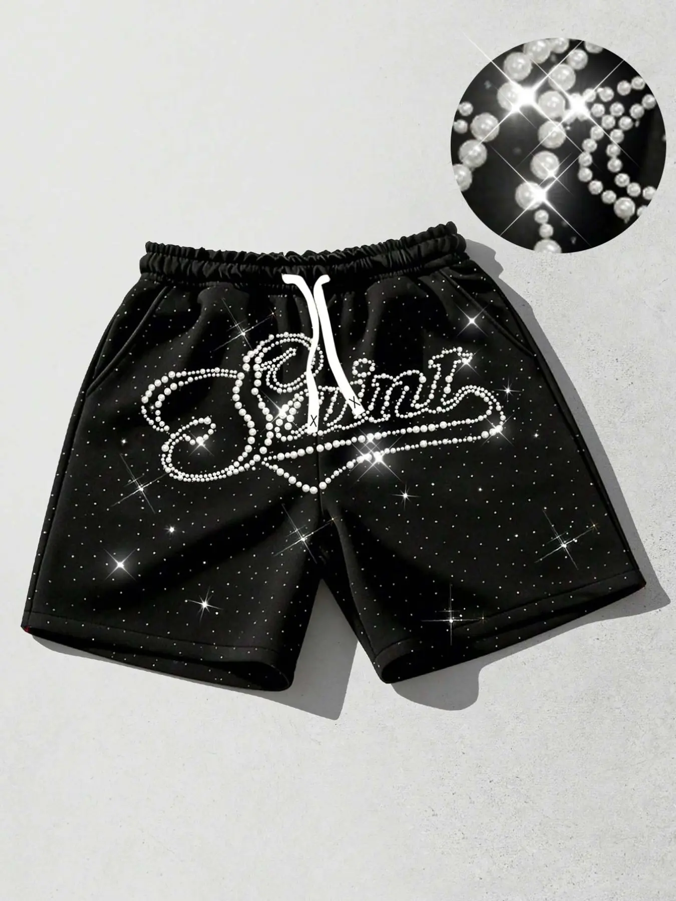 Diamond shorts, Chic shorts, Fashionable Summer Shorts, men's sail slogan shorts men's nail bead shorts black unisex casual Letter Print Shorts 2026 summer new Y2K beach pants Casual fit shorts