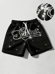 Diamond shorts men's sail slogan shorts men's nail bead shorts black unisex fashionable casual Letter Print Shorts men's shorts European and American street fashion brand shorts 2026 summer new Y2K beach pants black three-dimensional nail bead shorts