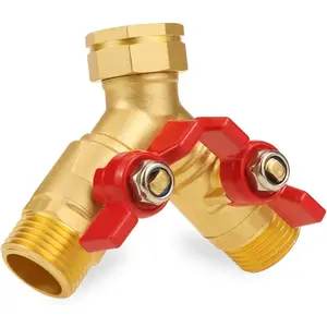 Water Hose Splitter 2 Way, GHT 3/4 Brass Hose Bib Splitter with Shut Off, Garden Hose Y Connector for Outdoor Faucet, Dual Spigot for Sprinkler