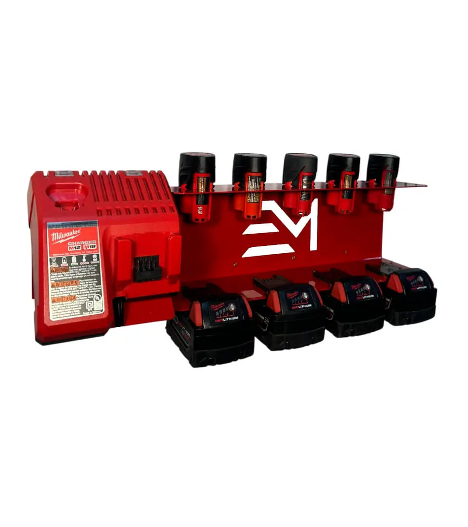 Battery Charging Station - Compatible with Milwaukee 12v,18v Battery - Durable Steel Rust-Free Red Powder Coat 9 Batteries 1 Charger
