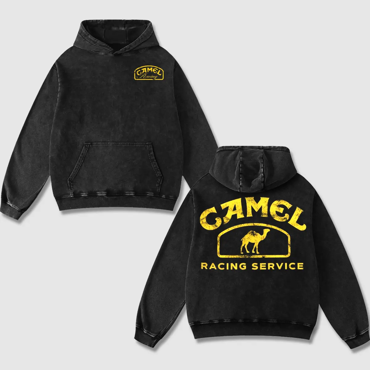 Retro Camel Racing Service Team Washed Hoodie Formula Car World Champion Enthusiast Apparel Streetwear Racing Team Motorcycle Clothing Motorbike Riders Supermotor Off-Road Dirt Bike Fan Gear Cotton For Biker