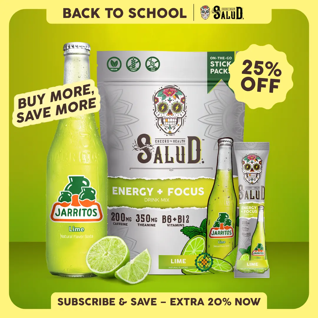 Salud x Jarritos 2-in-1 [Energy + Focus - Lime] Clean Energy Drink Mix, Agua Fresca, Organic Caffeine, B6 & B12, L-Theanine, Drink Packets, Non-GMO, Gluten Free, Vegan, Low Calorie, 1g Sugar (15 Servings)