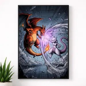 Charizard vs Mewtwo Anime Poster, Japanese Style Inspired Anime Artwork, Ramen Noodles Wall Art, Home Decor