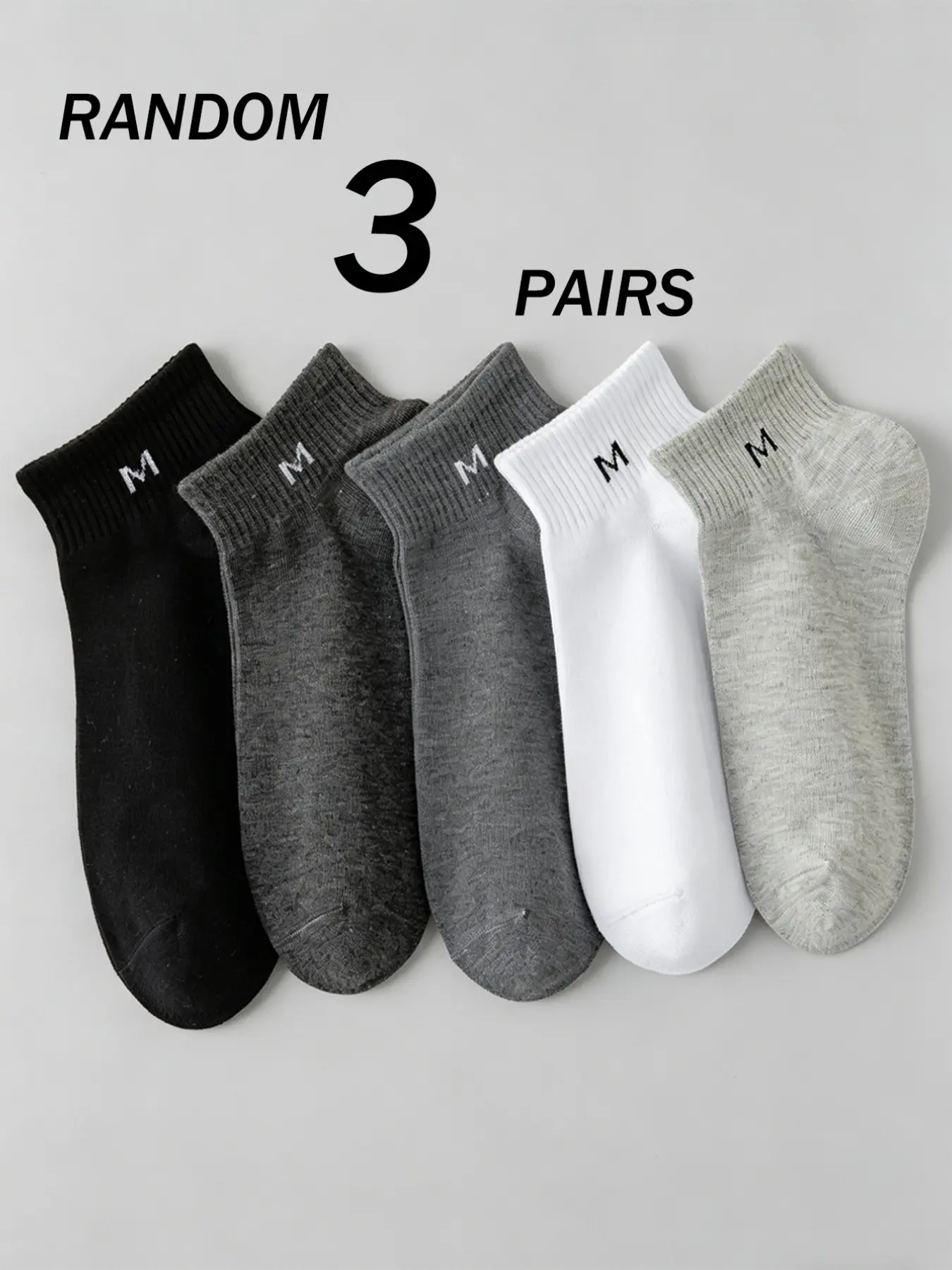 Random 3 Pairs Basic Letter M Embroidered Ankle Socks for Men, Comfortable and Stylish Footwear, Perfect for Daily Wear
