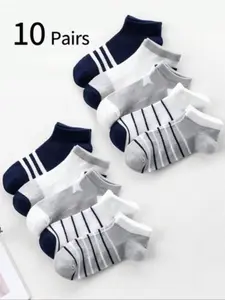 Boys' Blue Striped Mesh Boat Socks, Low-Cut Short Socks, Student Socks, Casual Stylish Socks, Comfortable Soft Breathable Sweat-Absorbing