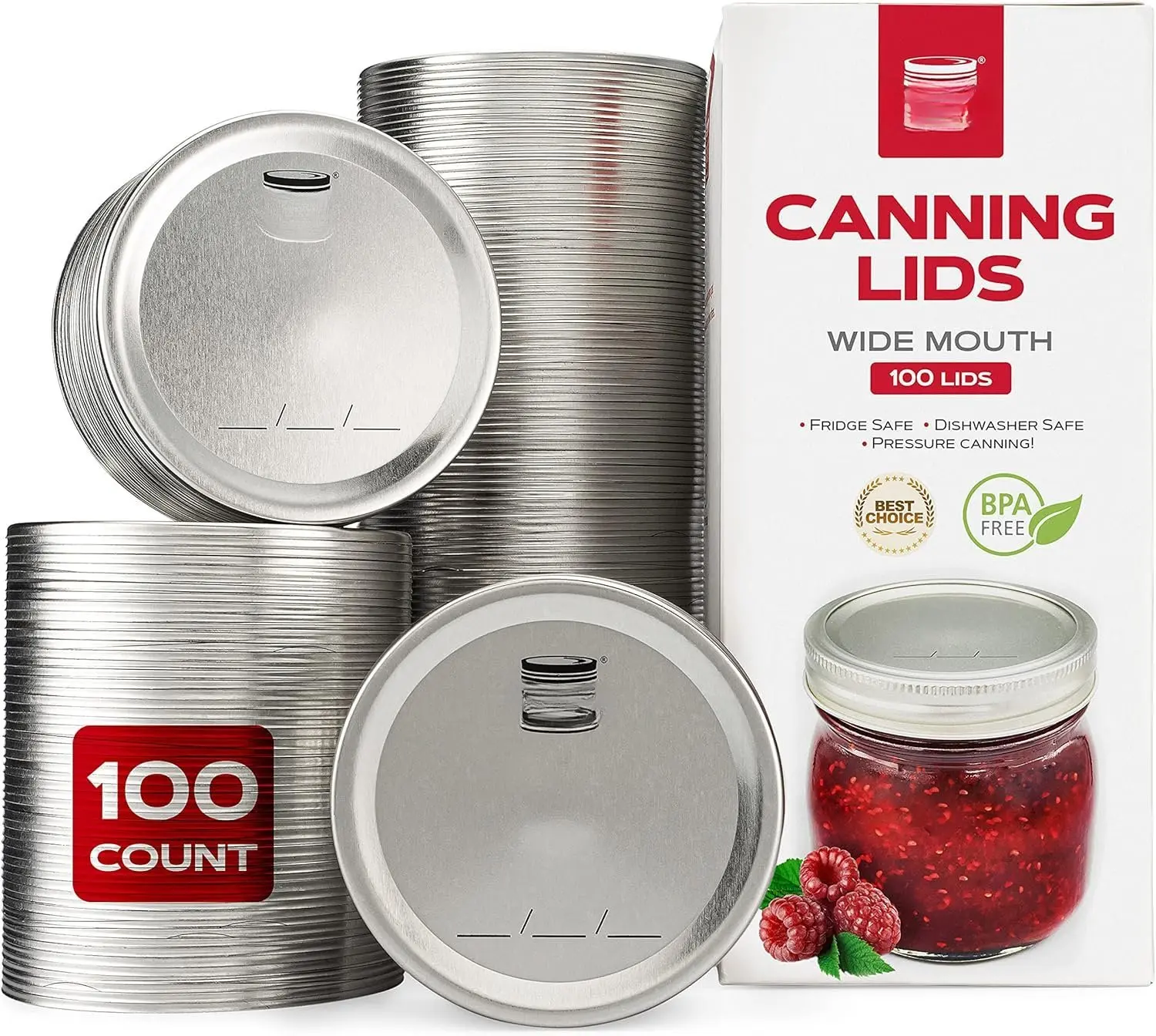 100-Pack Bulk Wide Mouth Mason Jar Lids with Airtight Seal, Leak-Proof & Blowout-Proof Design - 3.4 in. Metal Canning Supplies for Preservation, Canners, Storage