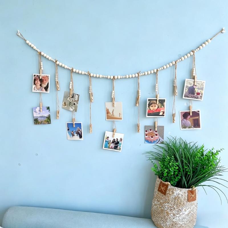 Boho Photo Display String, 4ft Wooden Bead Garland with 9 Clips, Hanging Picture Collage Decor for Cubicle, Dorm, Nursery, Rustic Bedroom & Office