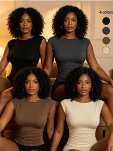 Women's 4-Piece Casual Knit Round Neck T-Shirt Set, Slim Fit Side Pleated Short Sleeve Top, Elegant Solid Basic Shirt, Soft Stretch Fabric