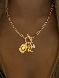 1Pcs Golden Initial Western Cowboy Hat Boot Pendants Toggle Clasps Women Necklace Vintage Fashion Golden Stainless Steel Paper Clip Chain Charm Necklaces For Women Fashionable Jewelry Necklace For Daughter