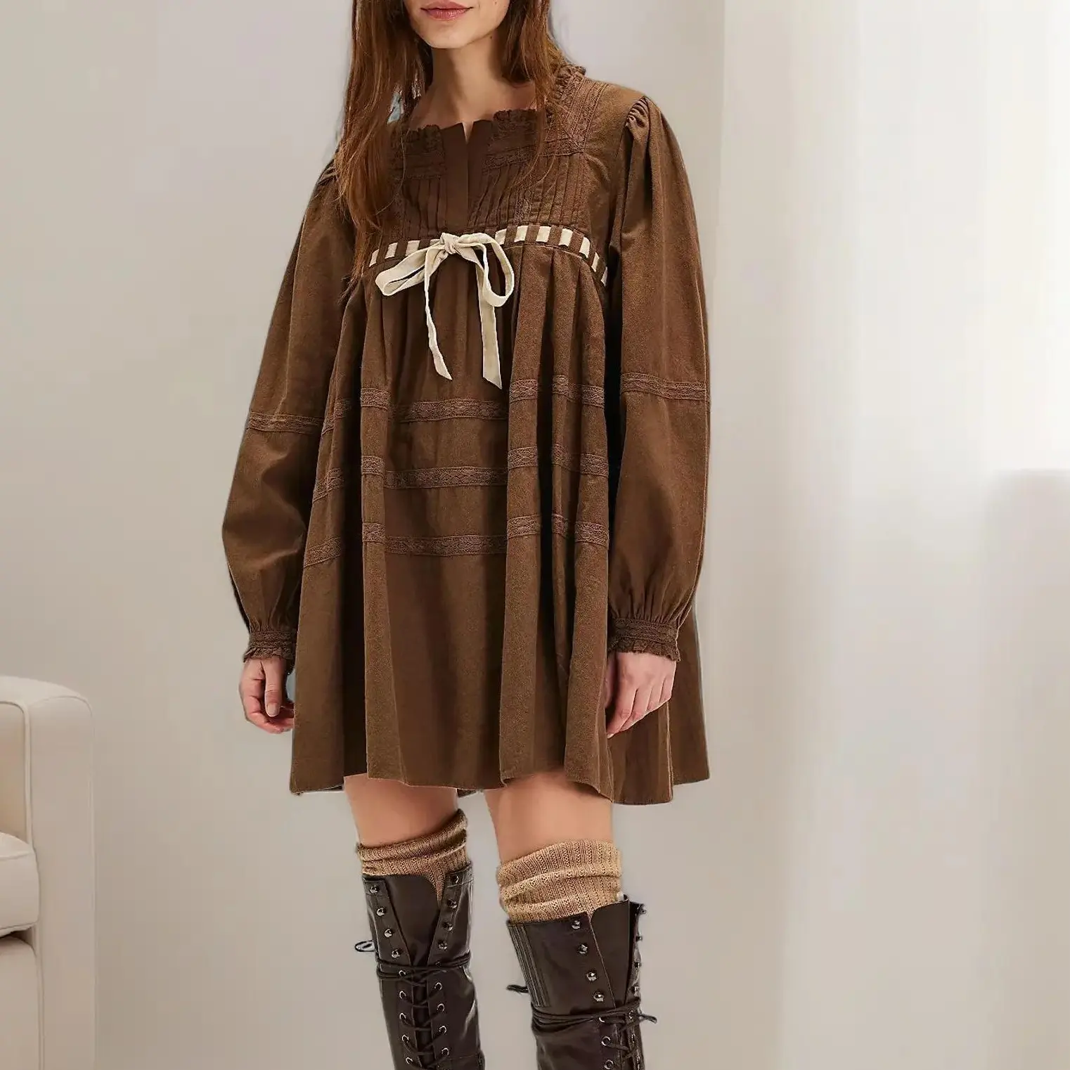 Women's Loose Fit Babydoll Mini Dress Long Sleeve Dress with Lace & Bow Detail Casual Flowy Tunic Dress for Fall summer