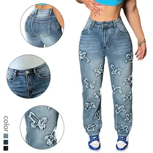 Trendy Cross Patch Wide Leg Jeans - Women's High Waisted Distressed Denim