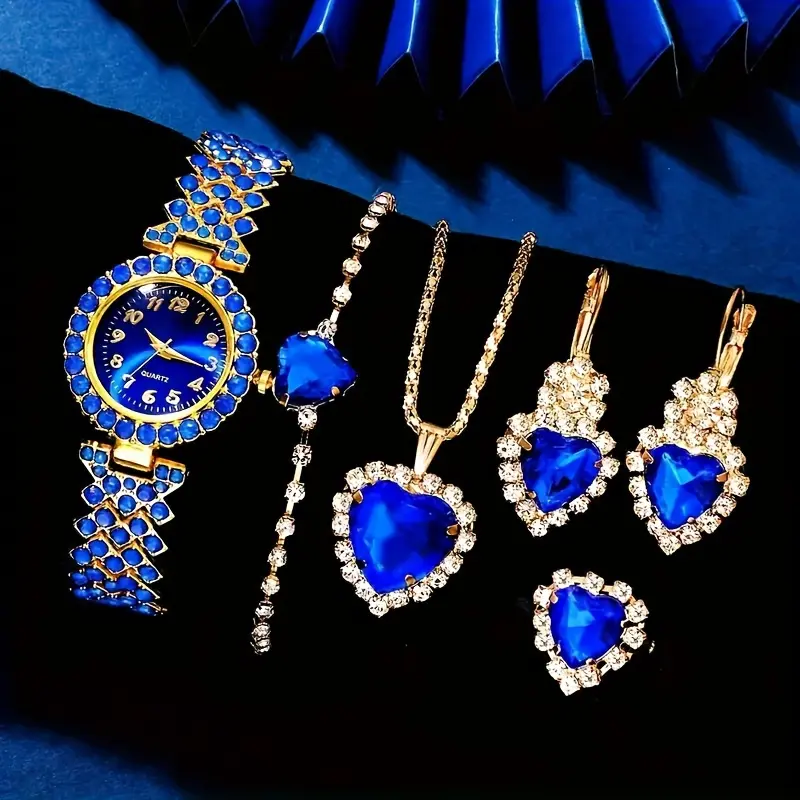 6 Pcs Blue Round Rhinestone Quartz Watches Zinc Alloy Strap Zinc Alloy Pointer Zinc Alloy Dial And Rhinestone Bracelet Necklace Earrings Jewelry Gift For Mother's Day, Birthday, Valentine's, Easter, Ramadan, Eid Al-Adha