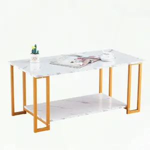 WF-2025Hot Selling Gold coffee table for living room, modern center table, large storage space, imitation thick marble rectangular MDF board tabletop, metal legs coffee table, sofa side table