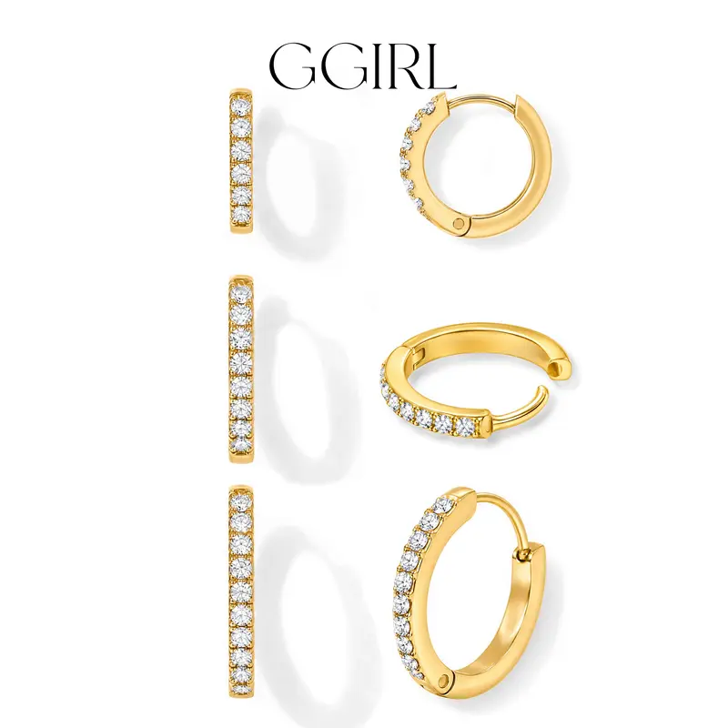 GGIRL 18K Gold Plated Stainless Steel Hypoallergenic Colorfast Environmentally Friendly Hoop Earrings Set with Cubic Zirconia Cartilage Snug Pierced Ears Comfortable Wear Versatile Fashion Jewelry Gift for Holiday Haul Christmas Birthdays Anniversaries