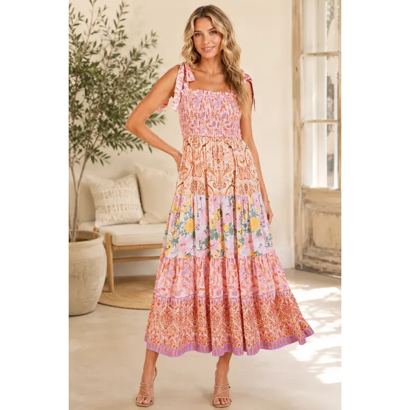 Mittoshop Smocked Patchwork Floral Boho Midi Dress