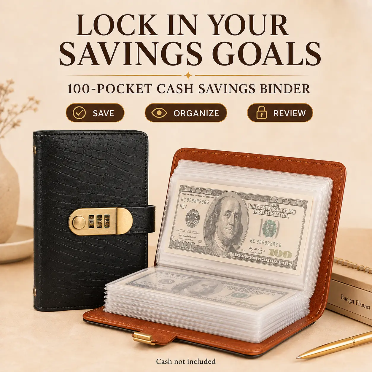 100-Pocket Cash Savings Binder with 3-Digit Combination Lock, 50 Double-Sided Clear Pages, Crocodile-Texture PU Money Organizer for Daily Budgeting, Savings Goals and Gifts, Black, Light Brown or Peach Pink