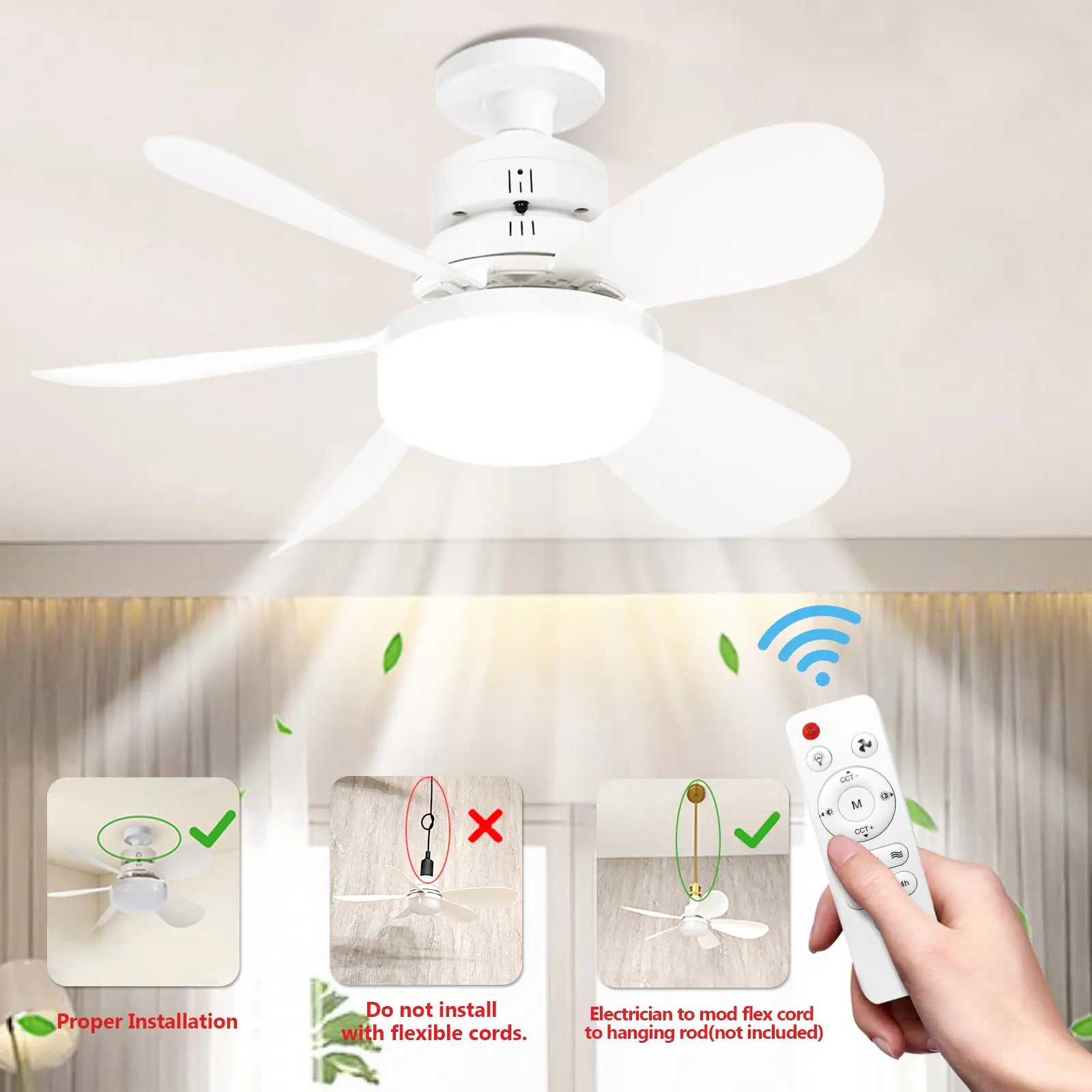 20.5-Inch Remote Control Ceiling Fan Light, E27 Universal Base, Threaded Installation, Silent Three-Speed, Adjustable Color Temperature, Timer Function, Home Ceiling Lighting, Home Decor Lighting, Decorative Lights